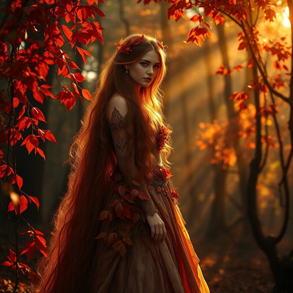 Ethereal Autumn Goddess in Enchanted Forest