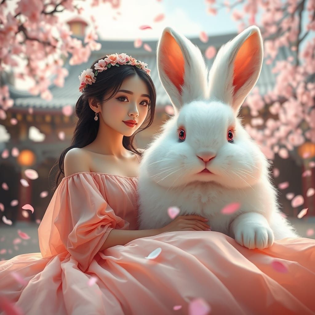 Woman and Giant Rabbit in Blossom Rain