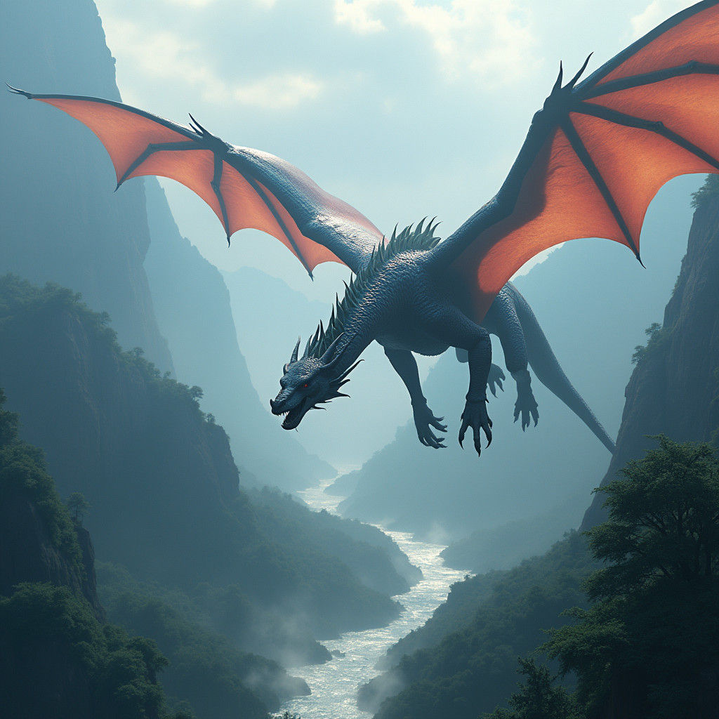 Dragon Soaring Over Misty Mountains, Fantasy Concept Art
