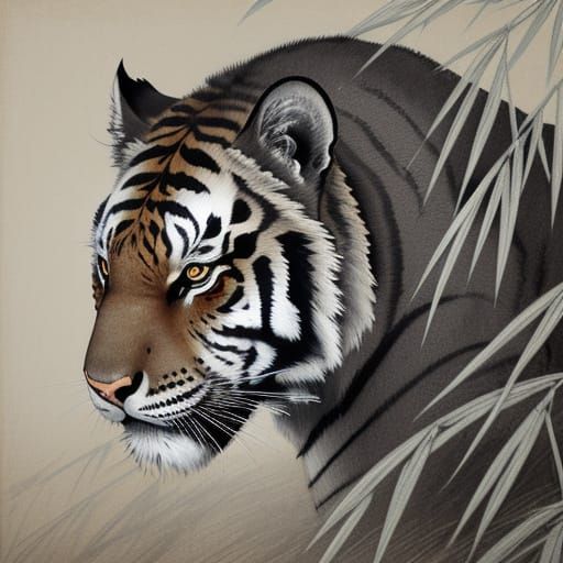 Majestic Chinese Tiger in Bamboo Forest Ink Wash