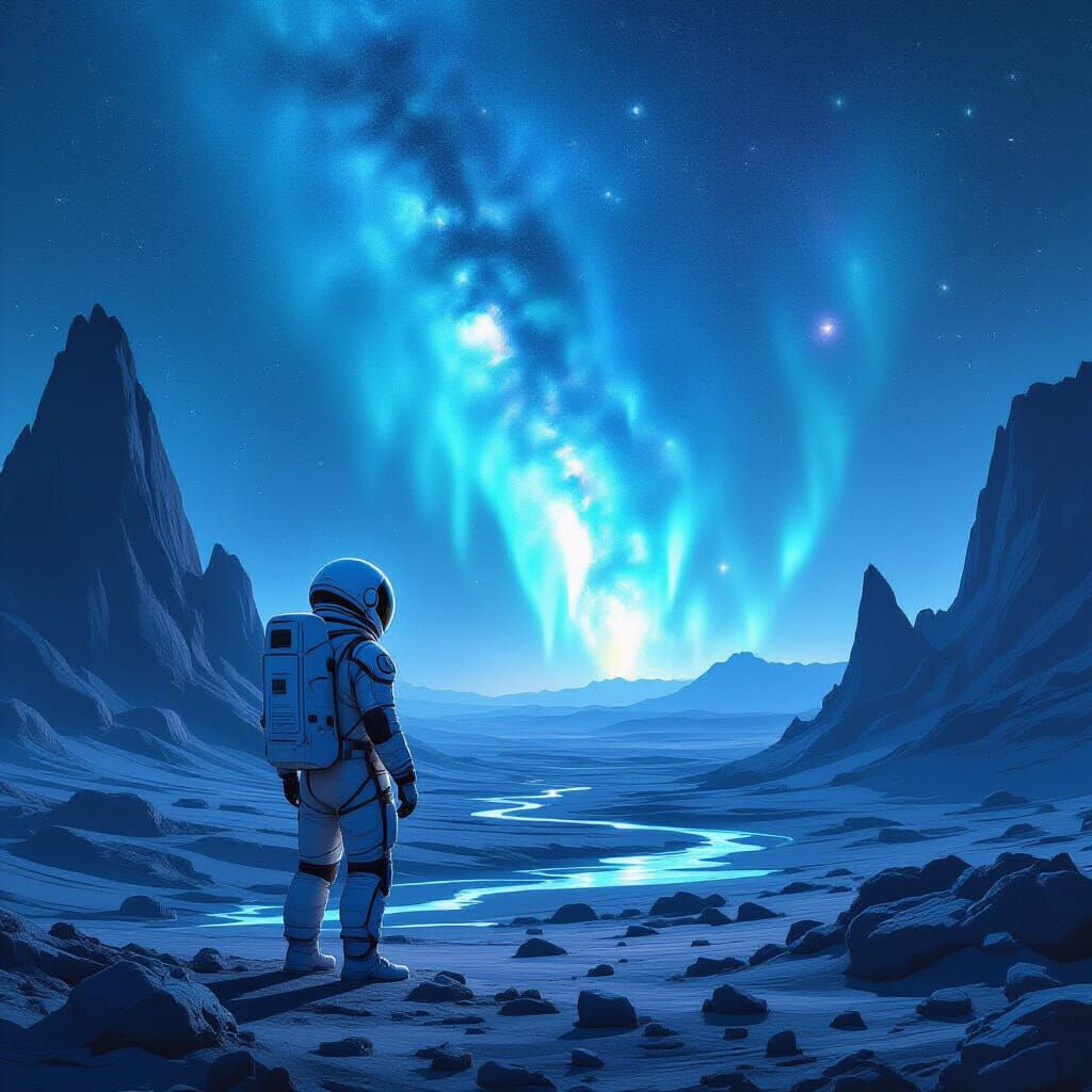 Astronaut on Alien Planet Gazing at Nebula Sky
