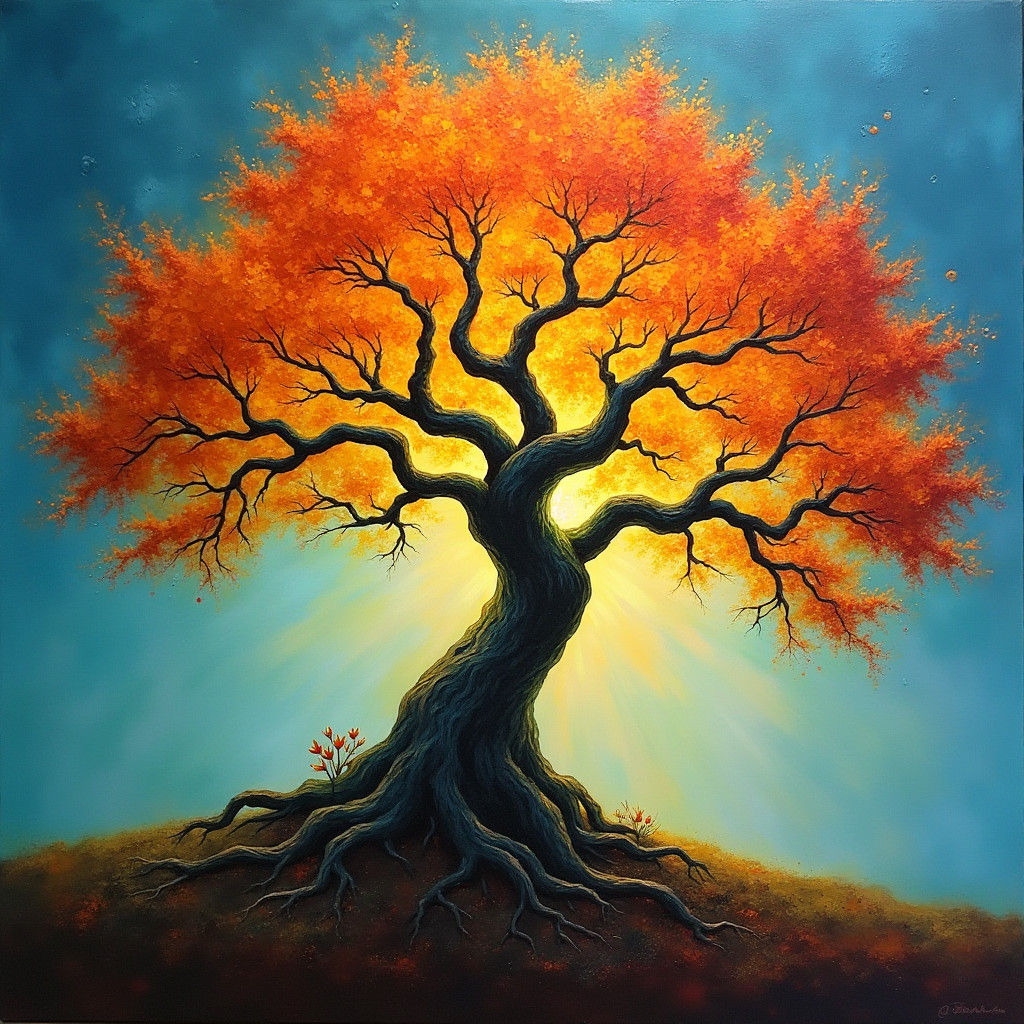 Glowing Tree with Fiery Canopy in Oil Painting Style