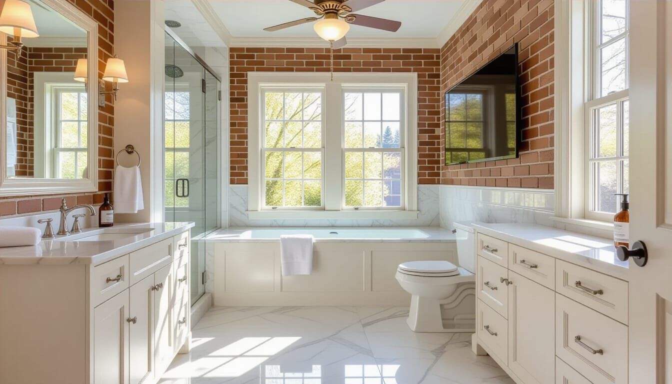 Elegant Victorian Bathroom with Marble Floor and Brick Wallp...