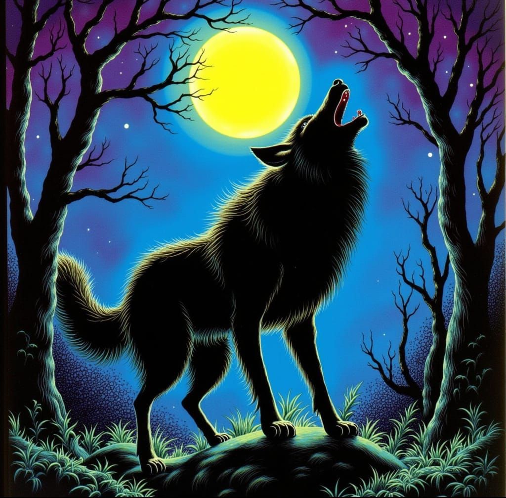 Wolf Howling Under Full Moon