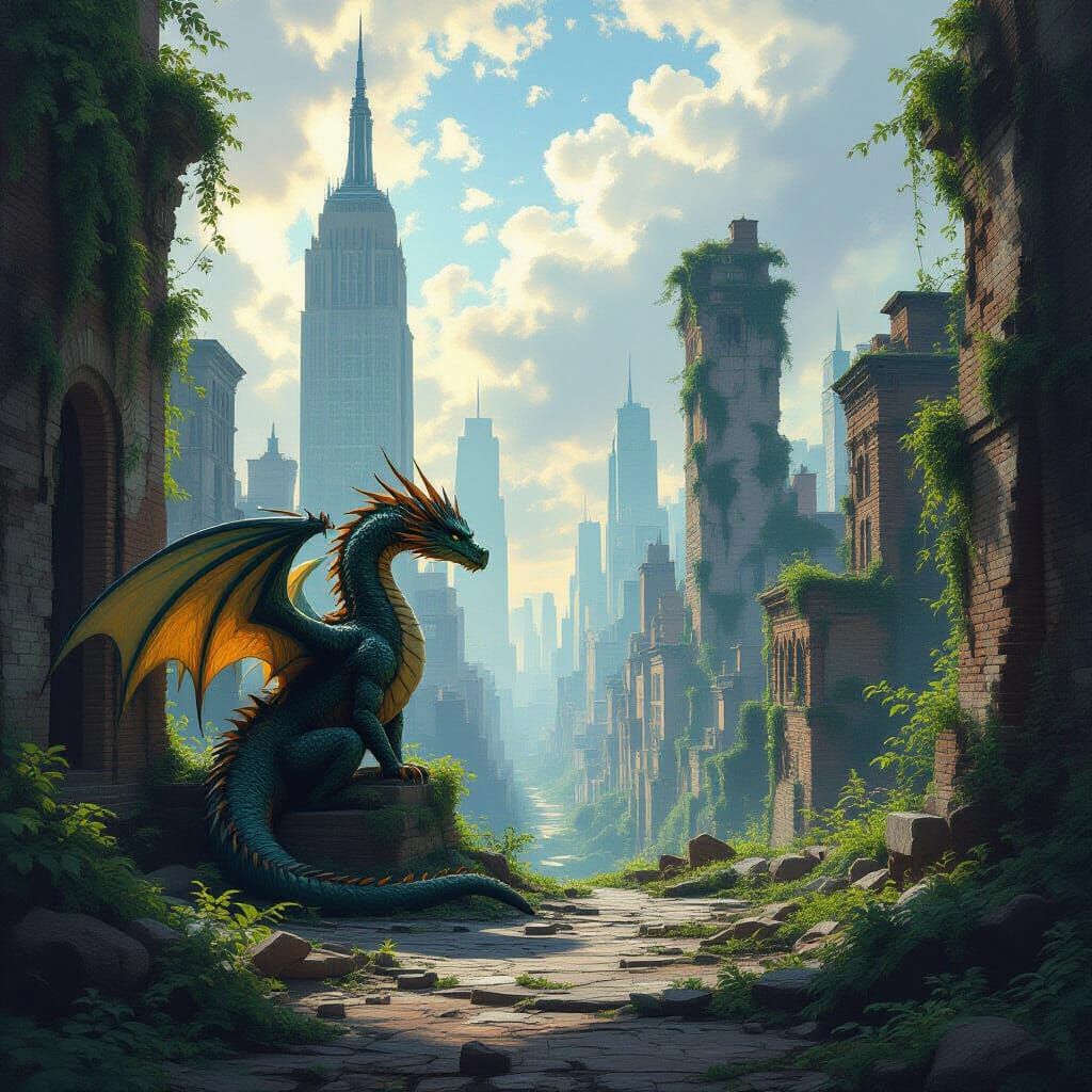 Dragon Surveys Overgrown City Ruins in Impressionistic Style