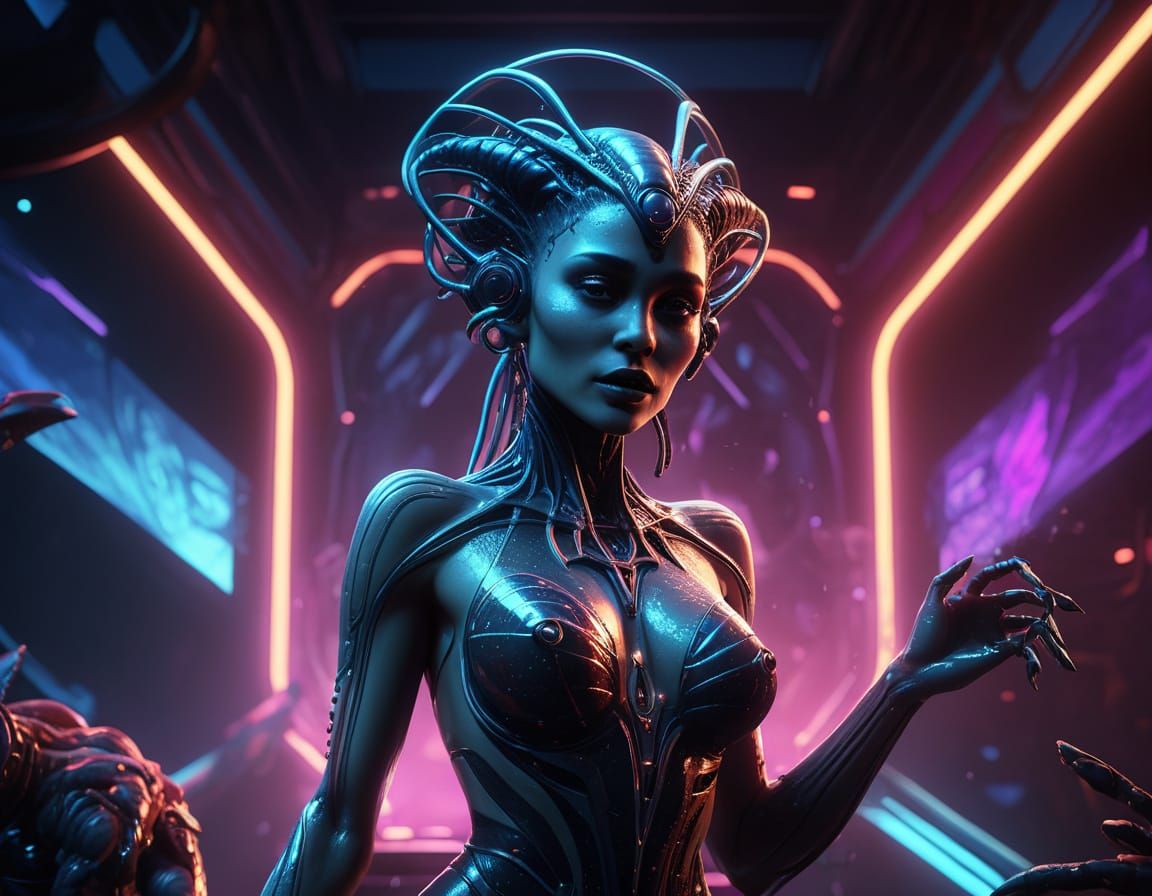 Alien Singer on Futuristic Stage in Dark Fantasy Art