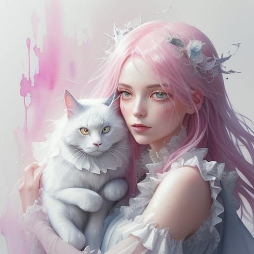 Gothic White Witch with Pink Cat in Expressive Watercolour