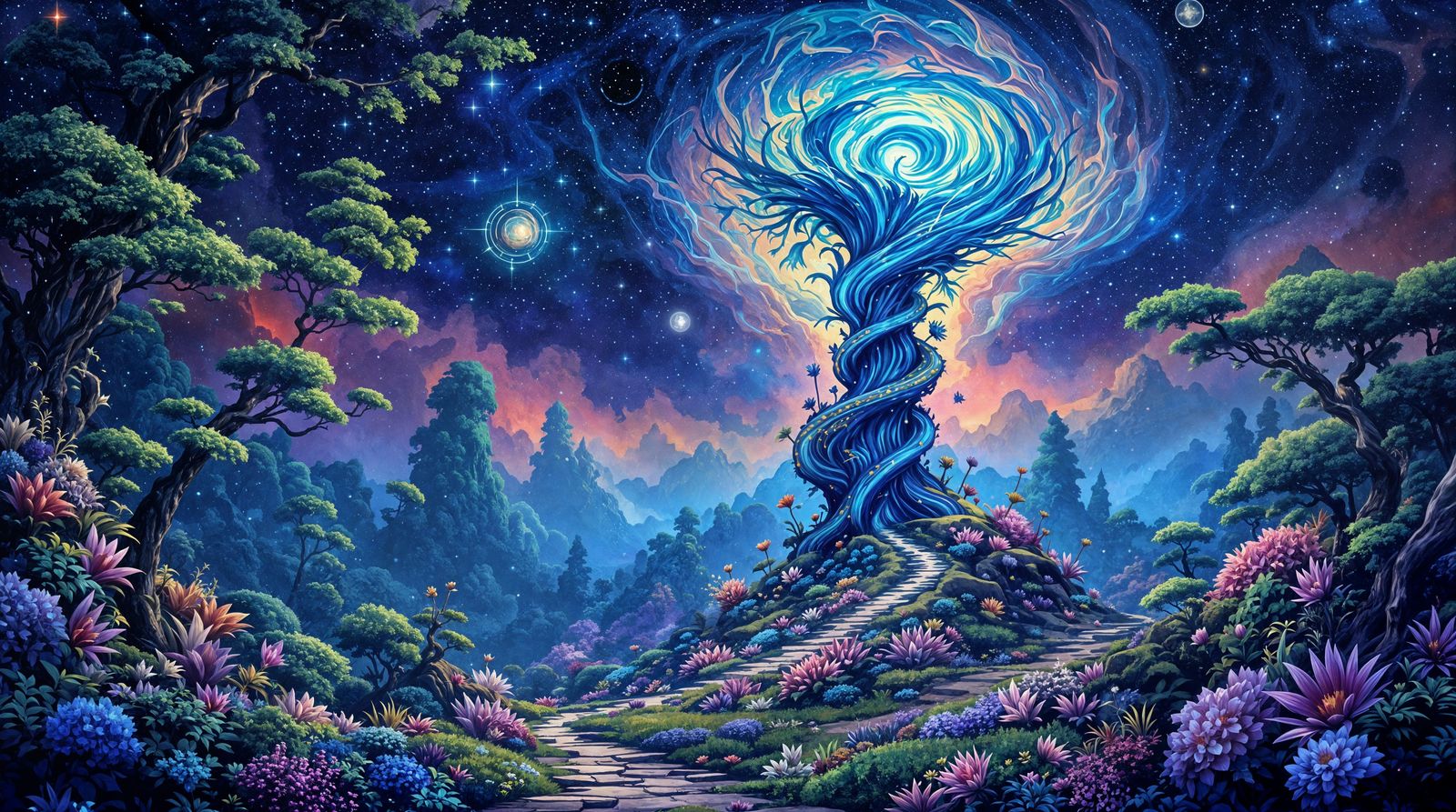 Surreal Forest Tower in Vibrant Cosmic Style