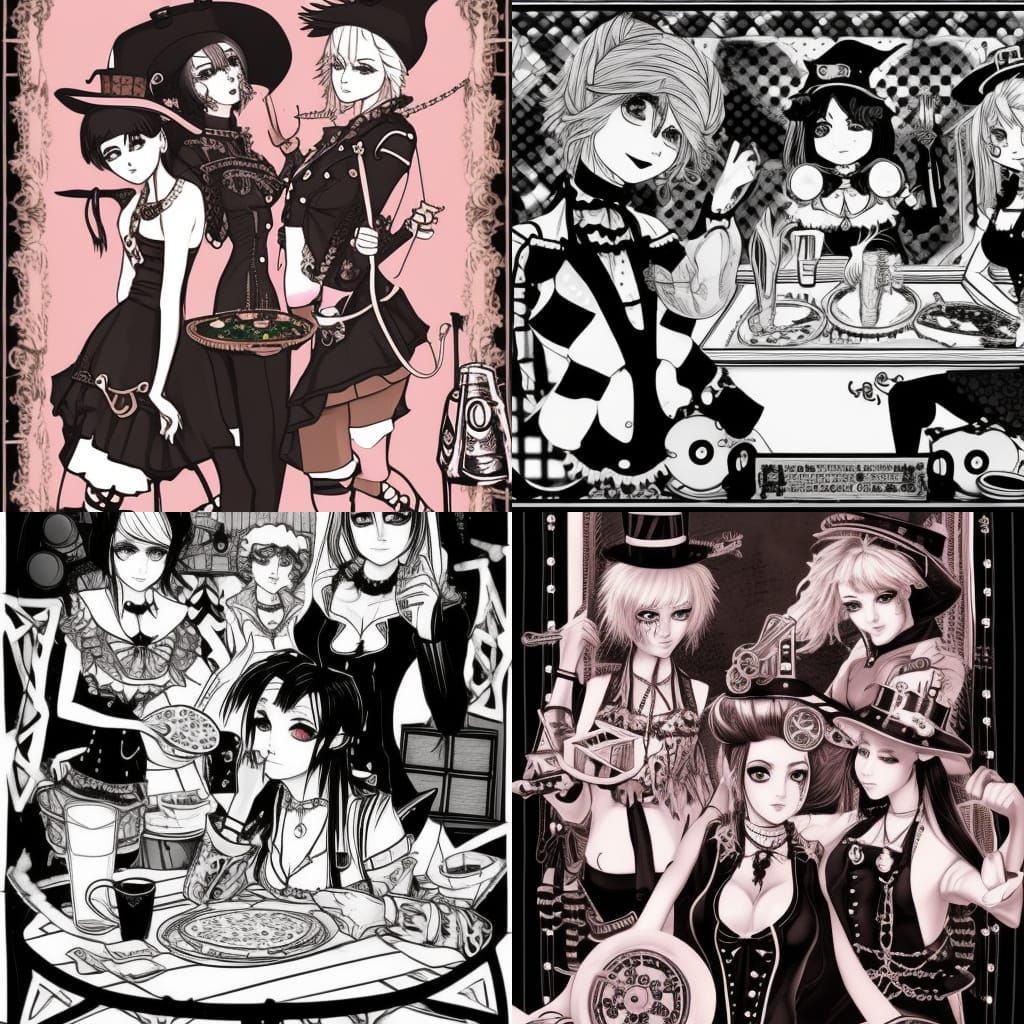 Steampunk Witches at a Pizza Parlor in Anime Style