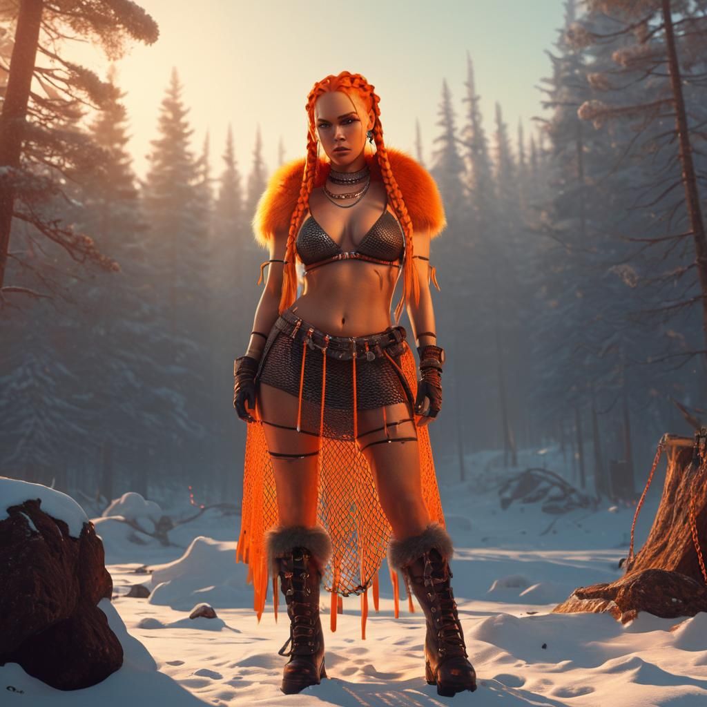 Barbarian Woman with Braids in Fantasy Landscape