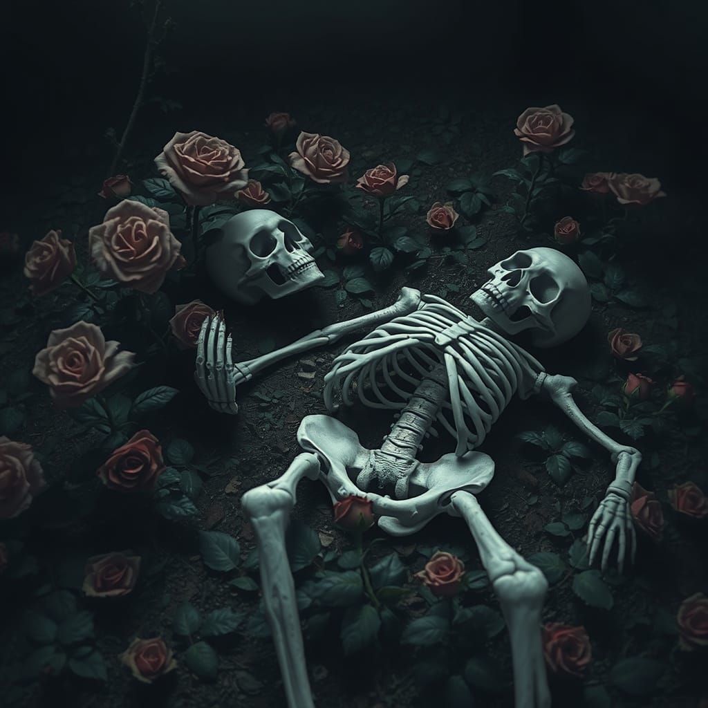 Eerie Skeleton Surrounded by Roses in Dark Art Style