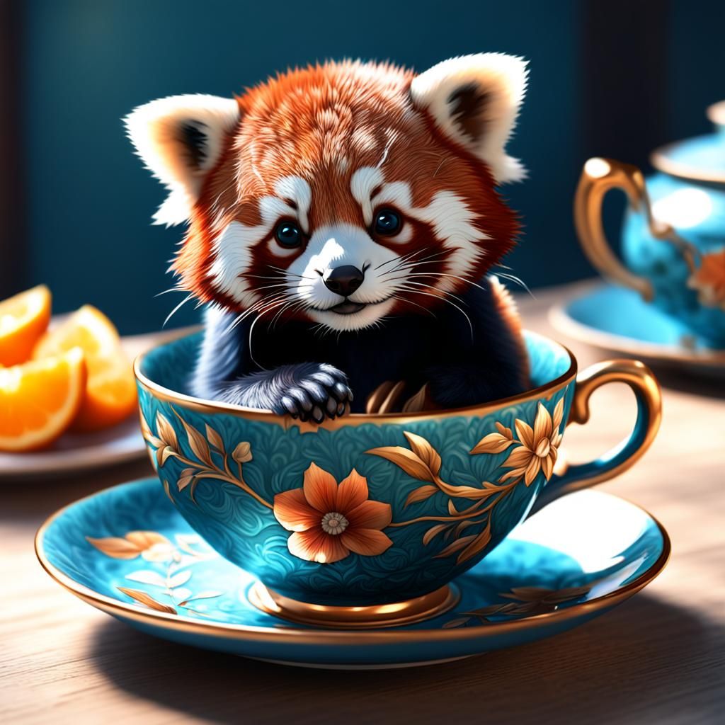 Red Panda Cub in Teacup: Detailed Digital Art