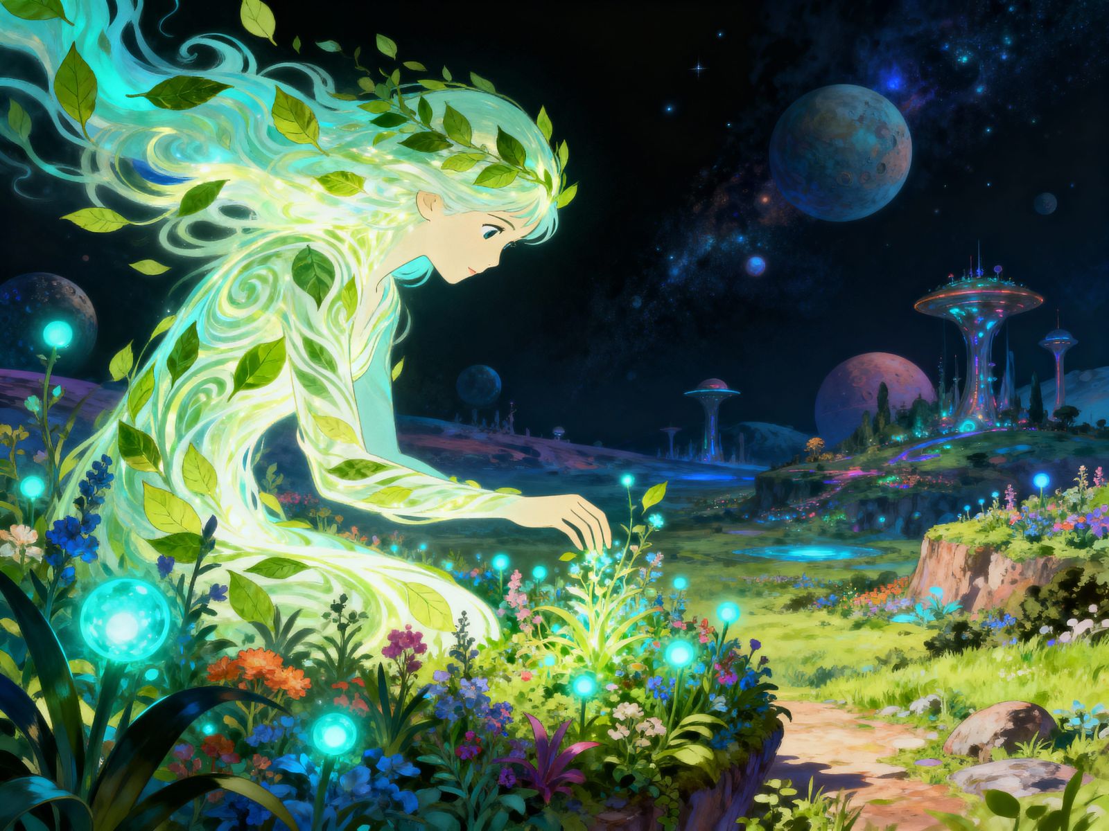 Ethereal Nature Spirit Tending Alien Garden in Ghibli Style