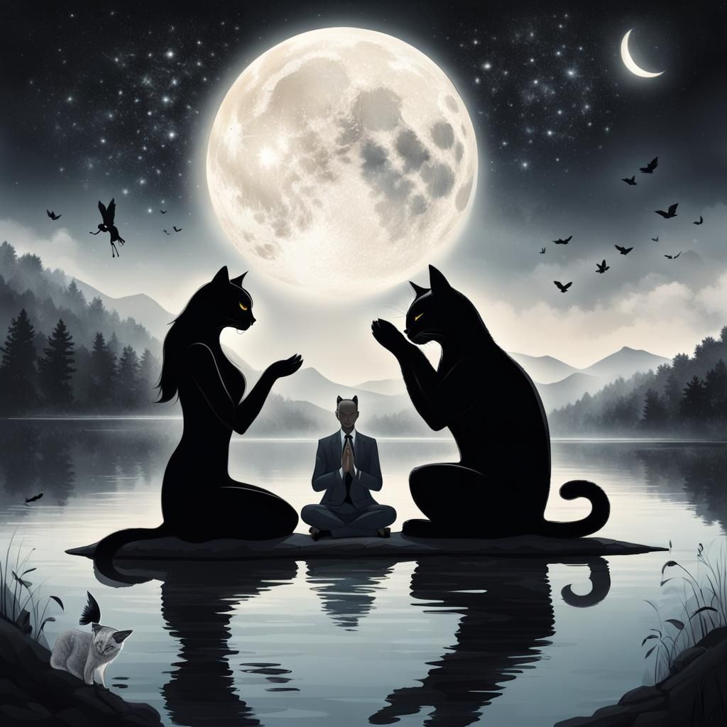 Magical Prayer Scene with Cat People by Lake