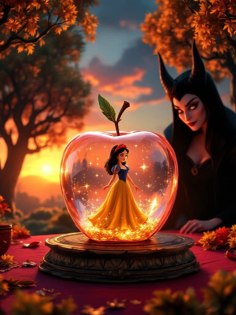 Enchanted Sunset Scene with Snow White Inside a Crystal Appl...