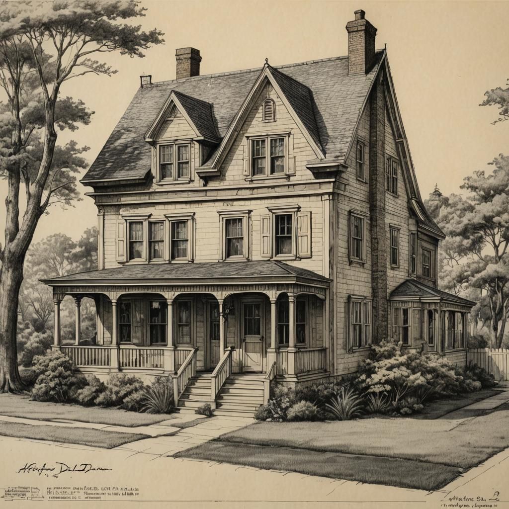 Colonial Cape Cod House: Detailed Ink Sketch