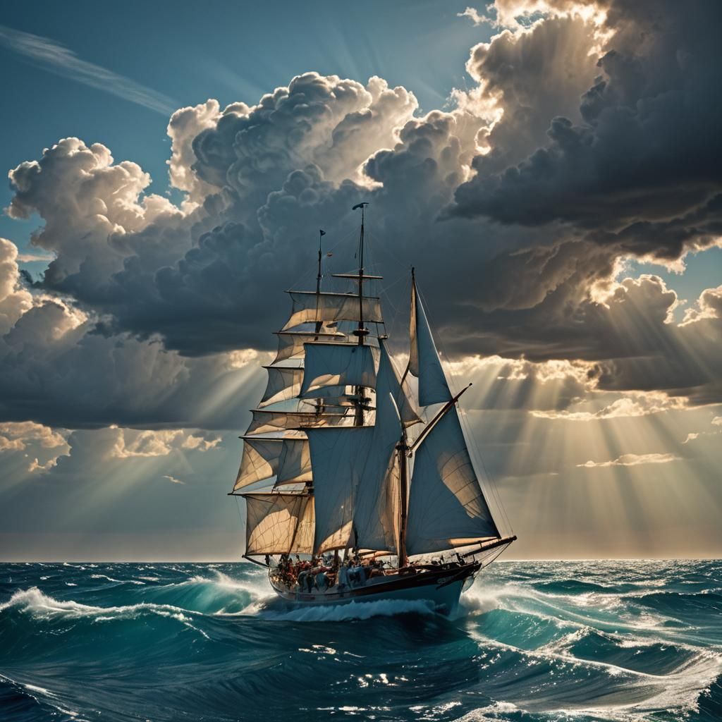 Sailor Navigating Stormy Seas with Vibrant Sails