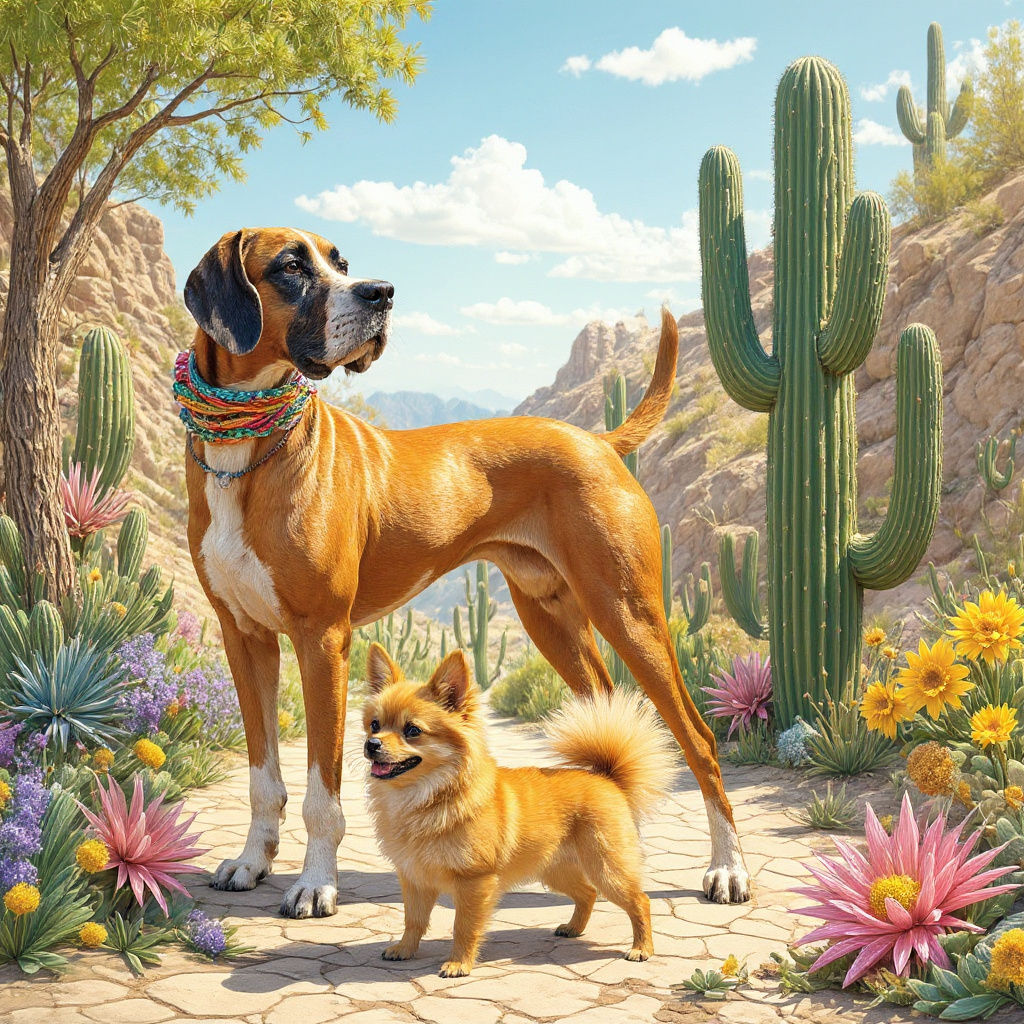 Desert Oasis: Great Dane and Pomeranian in Digital Art