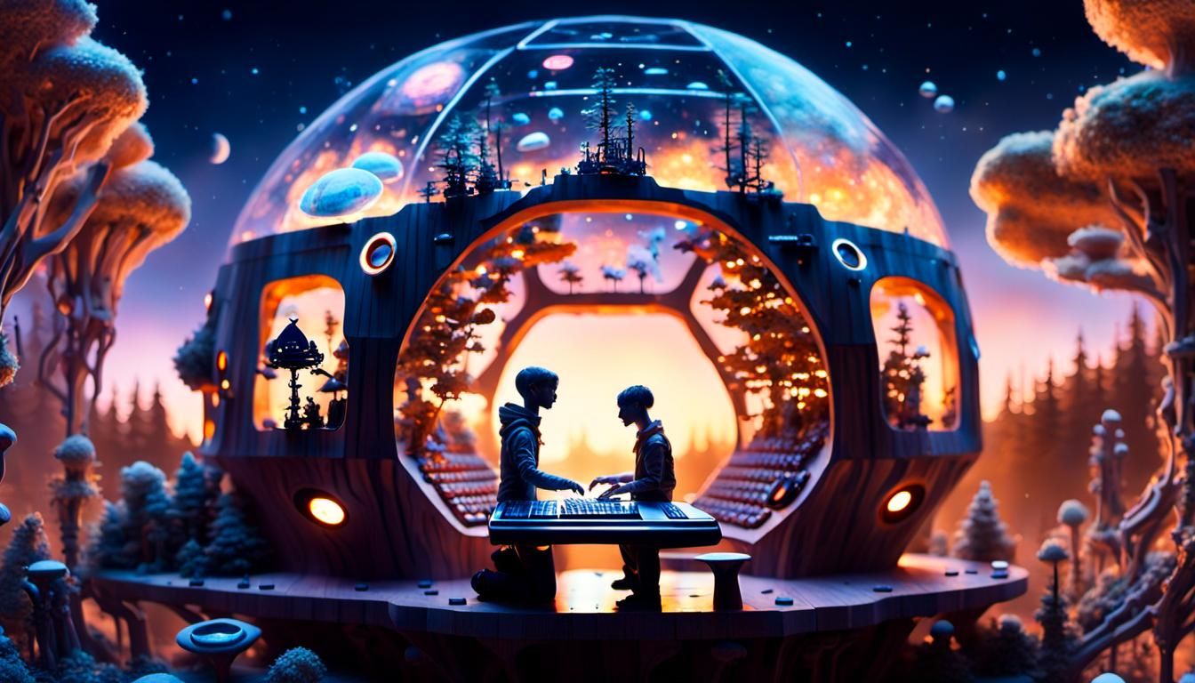 Ethereal Figures Compose Poems in Sunset Galaxy