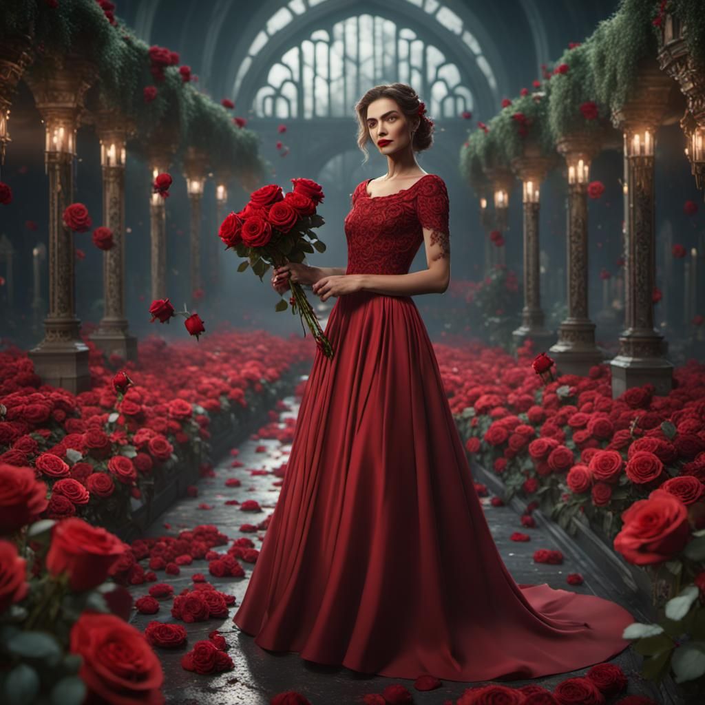 Woman Surrounded by Roses: Detailed Matte Painting