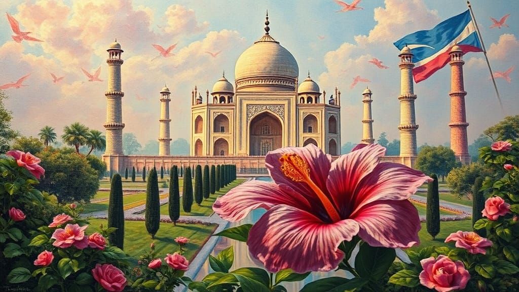 Hibiscus Taj Mahal Mosaic Oil Painting