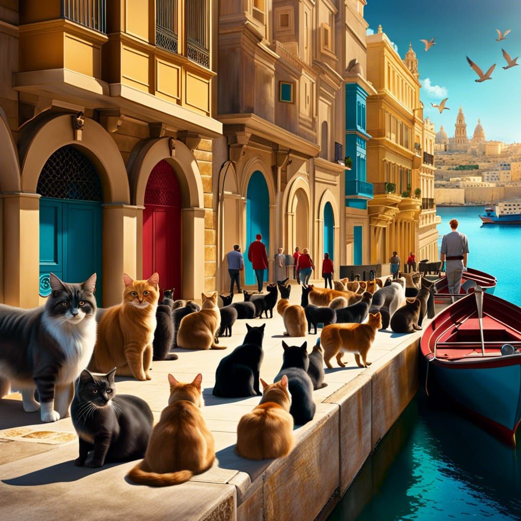 Valletta, Malta. Many cats have gathered at the waterside
