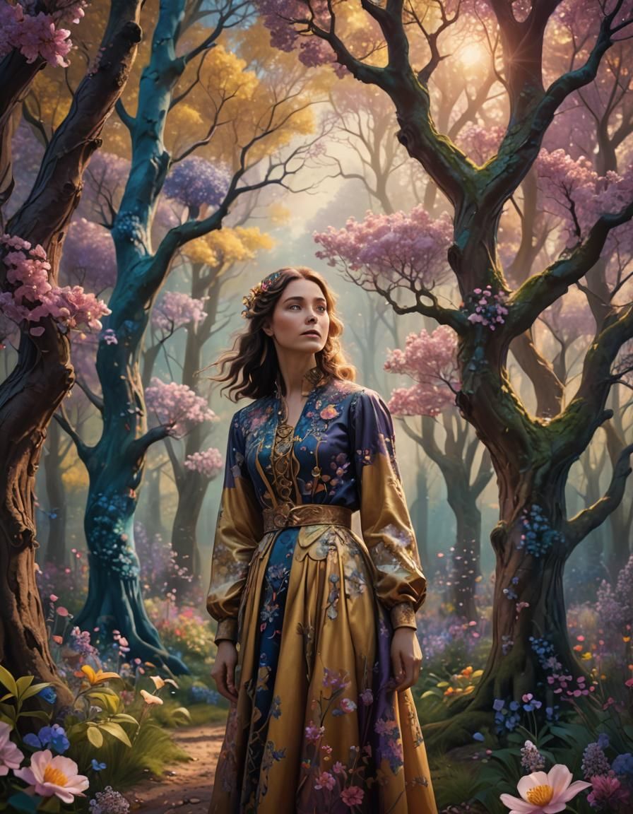 Woman in Whimsical Forest: Fantasy Concept Art
