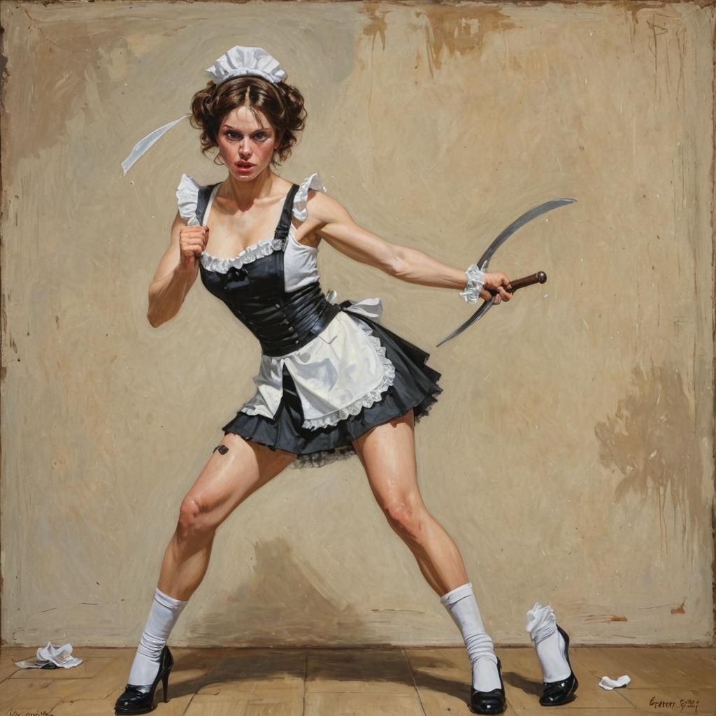 Sensual French Maid Prepares for Battle in Oil Painting
