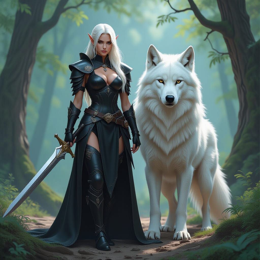 Elf Warrior with White Wolf in Fantasy Forest