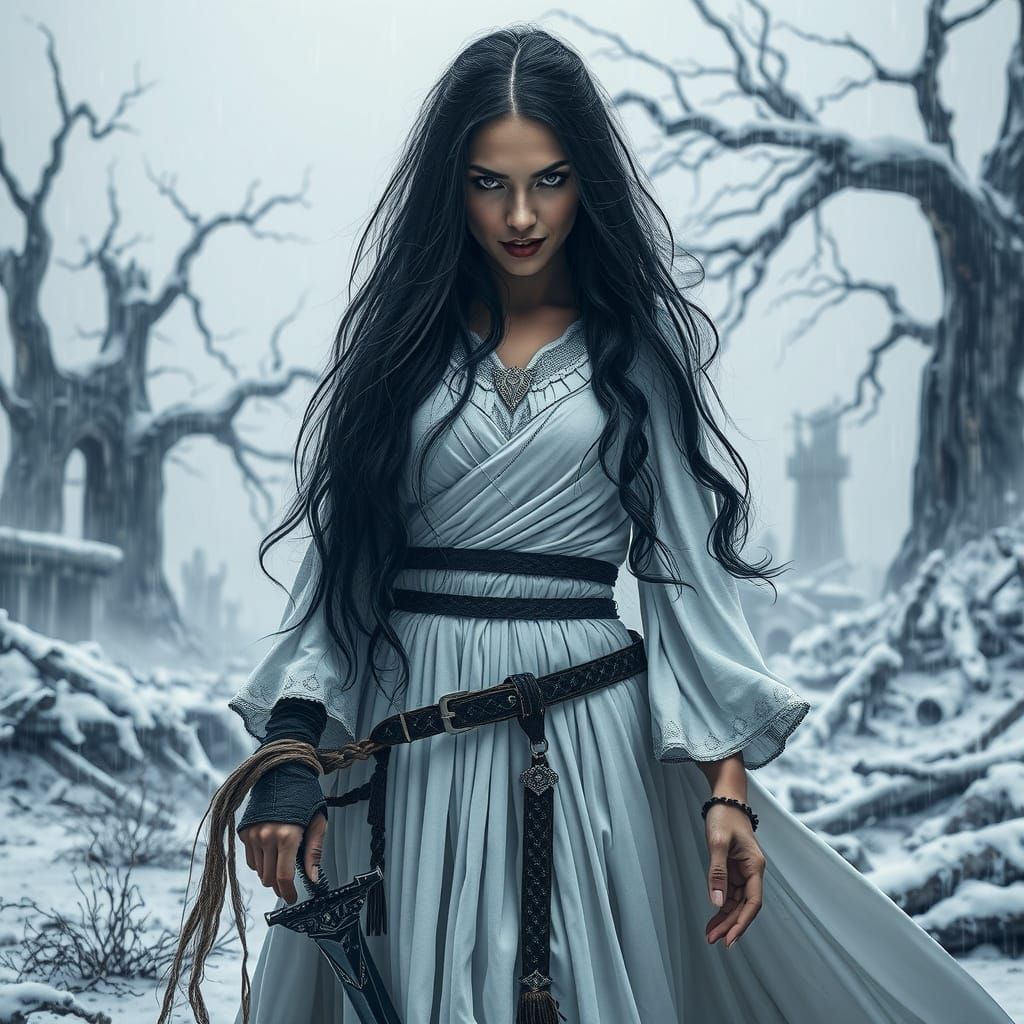 Woman Warrior in Post-Apocalyptic Winter Landscape