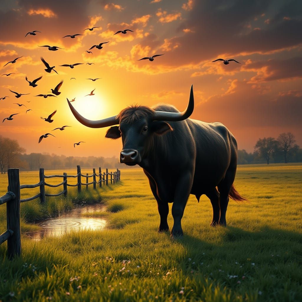 Proud Aurochs Bull Charges into Sunset Meadow