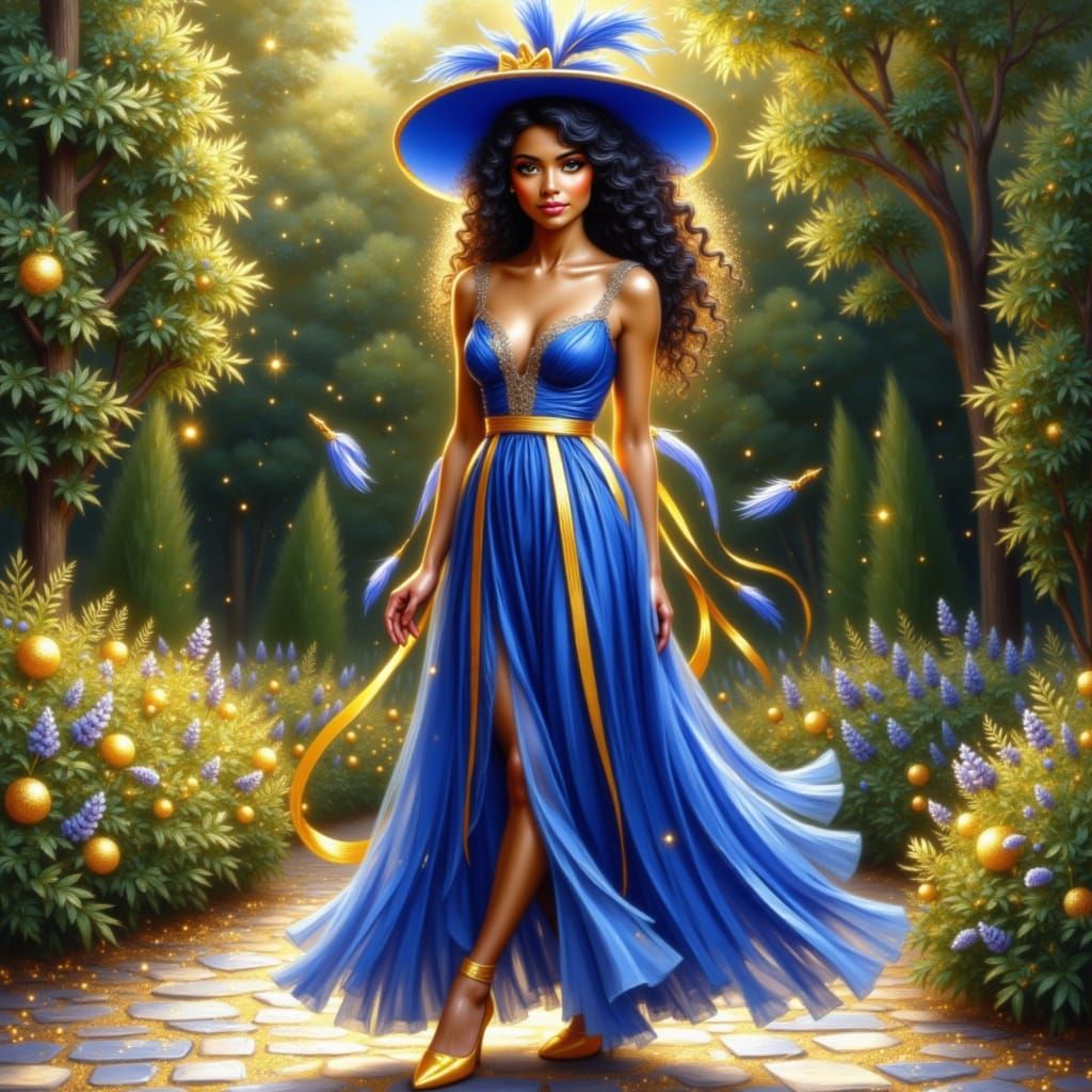 Magnificent Woman in Royal Blue and Gold Attire
