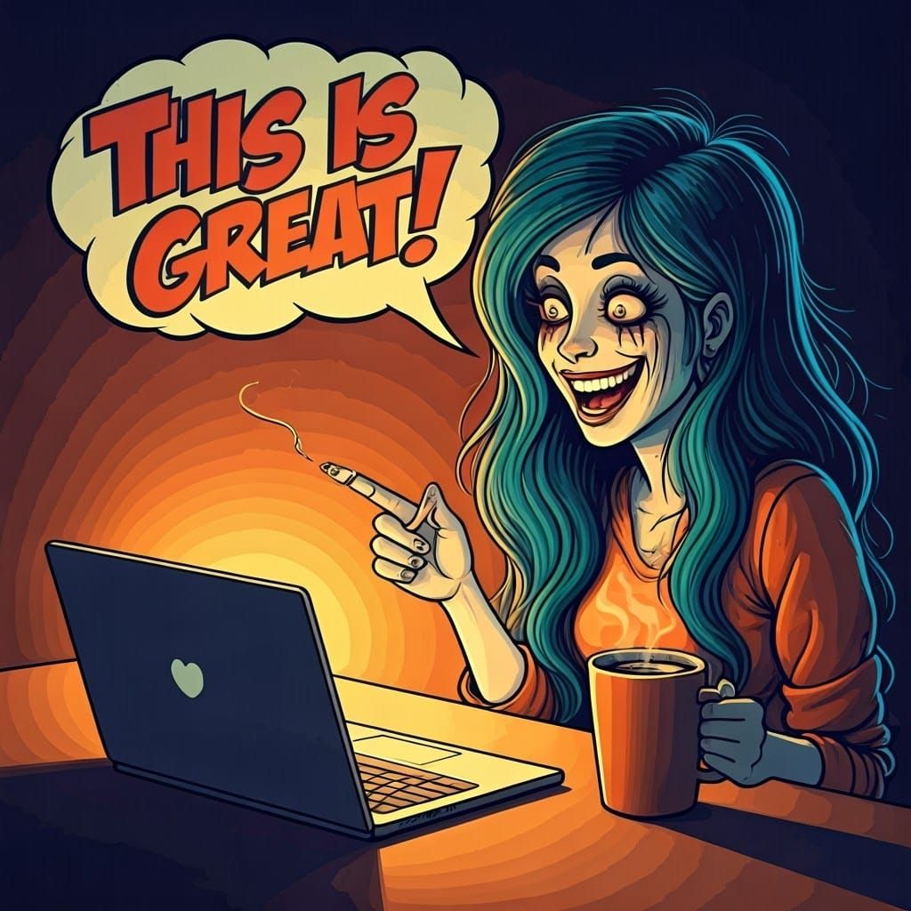 Highly bright colors. In a vibrant, cartoon-style scene reminiscent of R. Crumb's work, a woman with long blue hair sits...