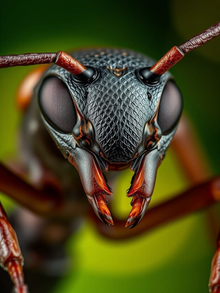 Intricate Macro Close-Up of an Ant's Head in Vibrant Colors