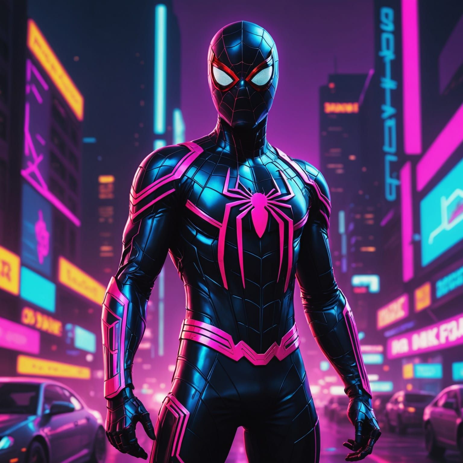 Cyberpunk Spider-Man in Neon Cityscape