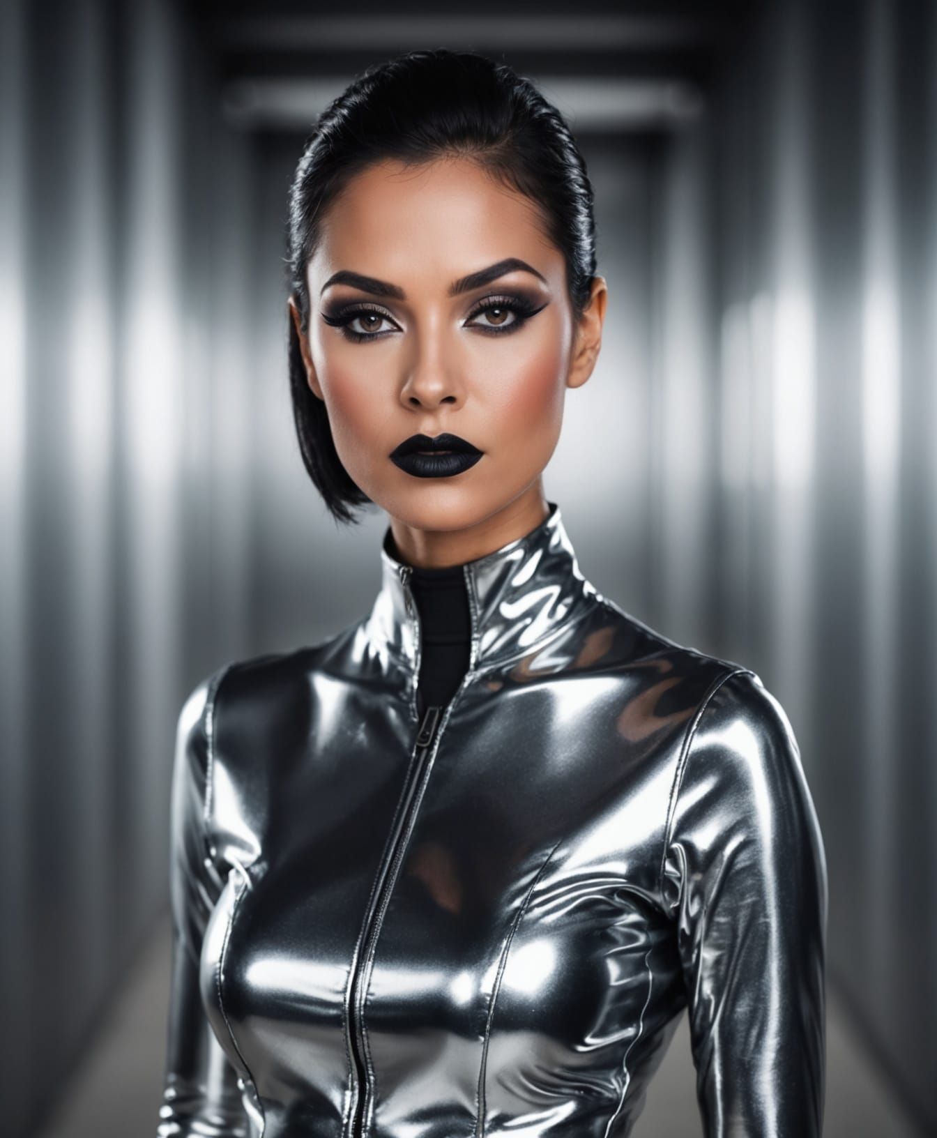 Sultry Silver Catsuit in Dramatic Portraiture