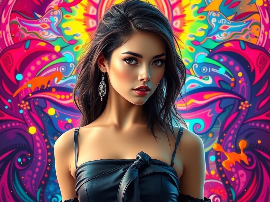 Elegant Woman Poses Dramatically in Vibrant Background