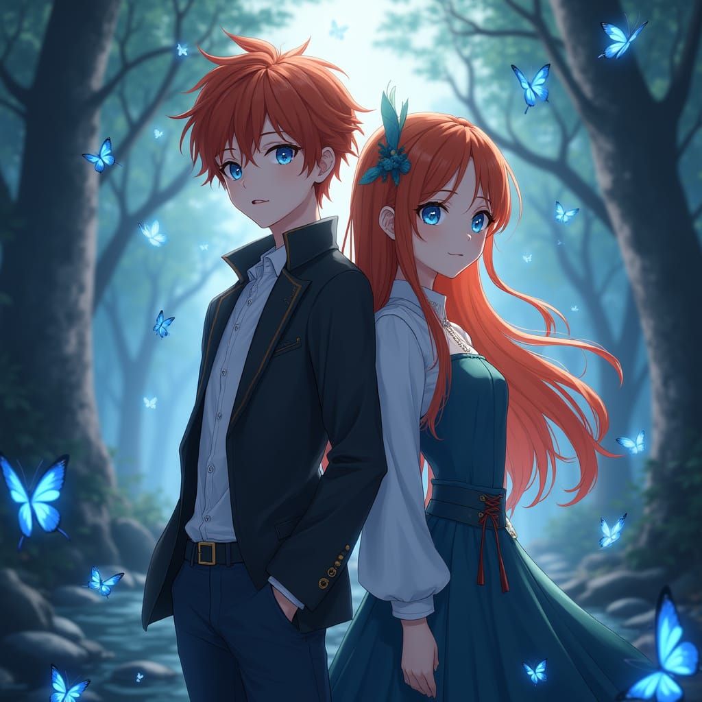 Auburn-Haired Anime Characters in Mystical Forest
