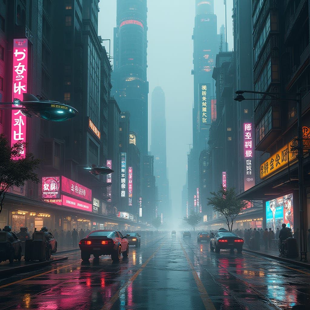 Gritty Cyberpunk Cityscape with Flying Vehicles and Neon Lig...