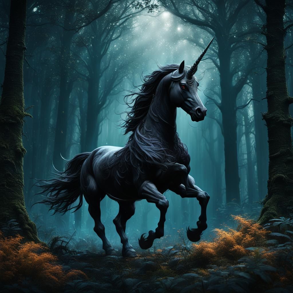 Mythical Black Unicorn in Dark Forest Concept Art