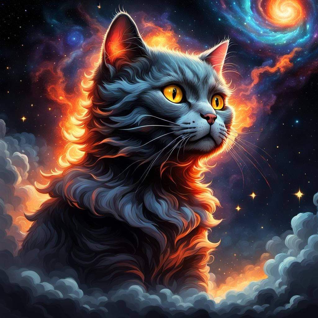 Fiery Demonic Cat in a Galactic Horror Scene