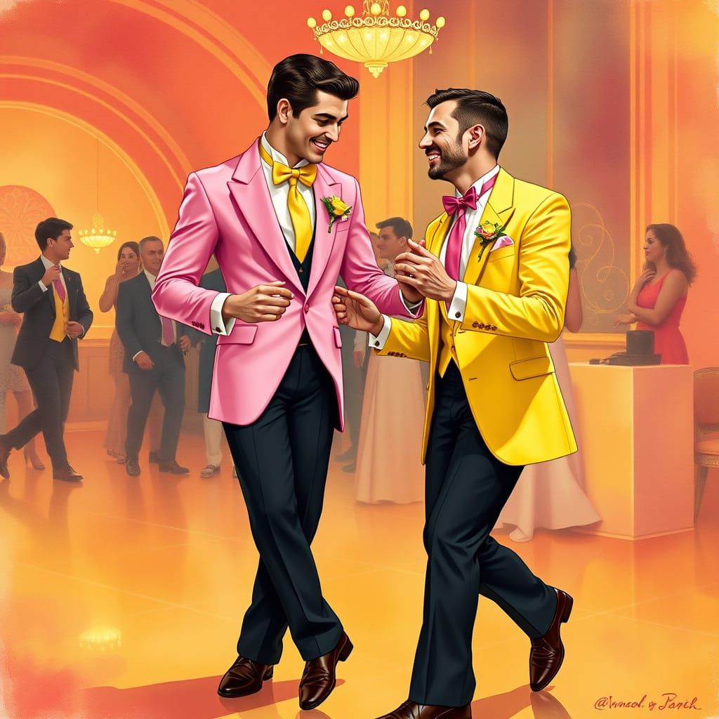 Elegant Gentlemen Share a Tender Dance Moment in a Vibrant, ...