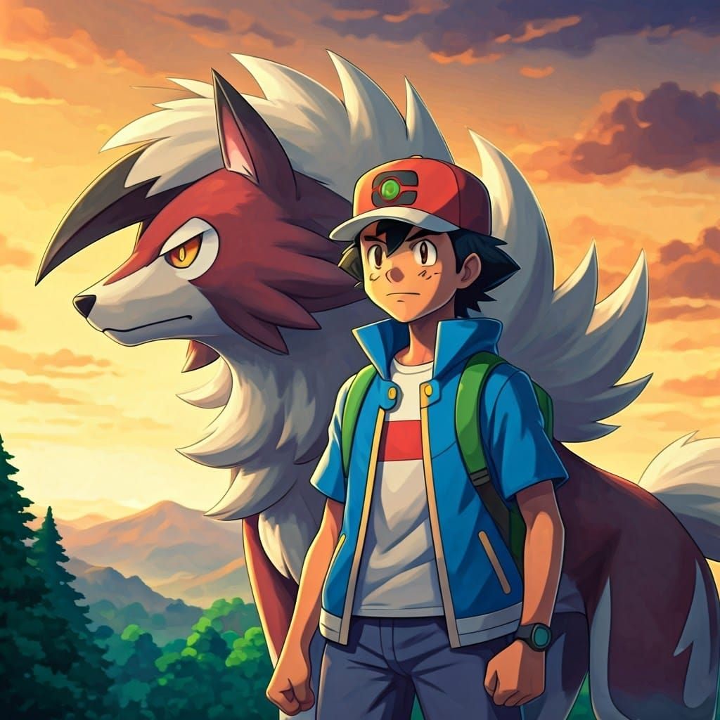 Ash Ketchum and Confident Lycanroc in Vibrant Sunset Anime S...