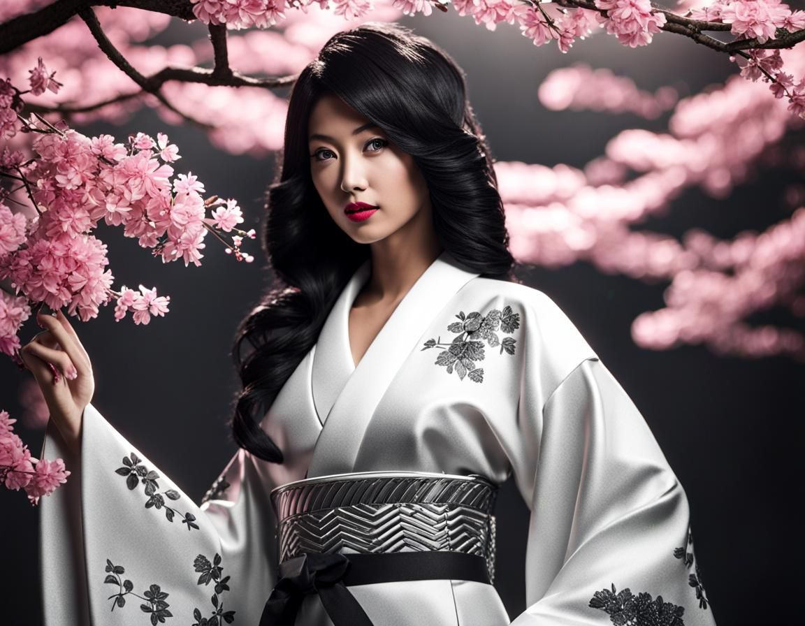 Film Noir Japanese Woman in Kimono, Black and White