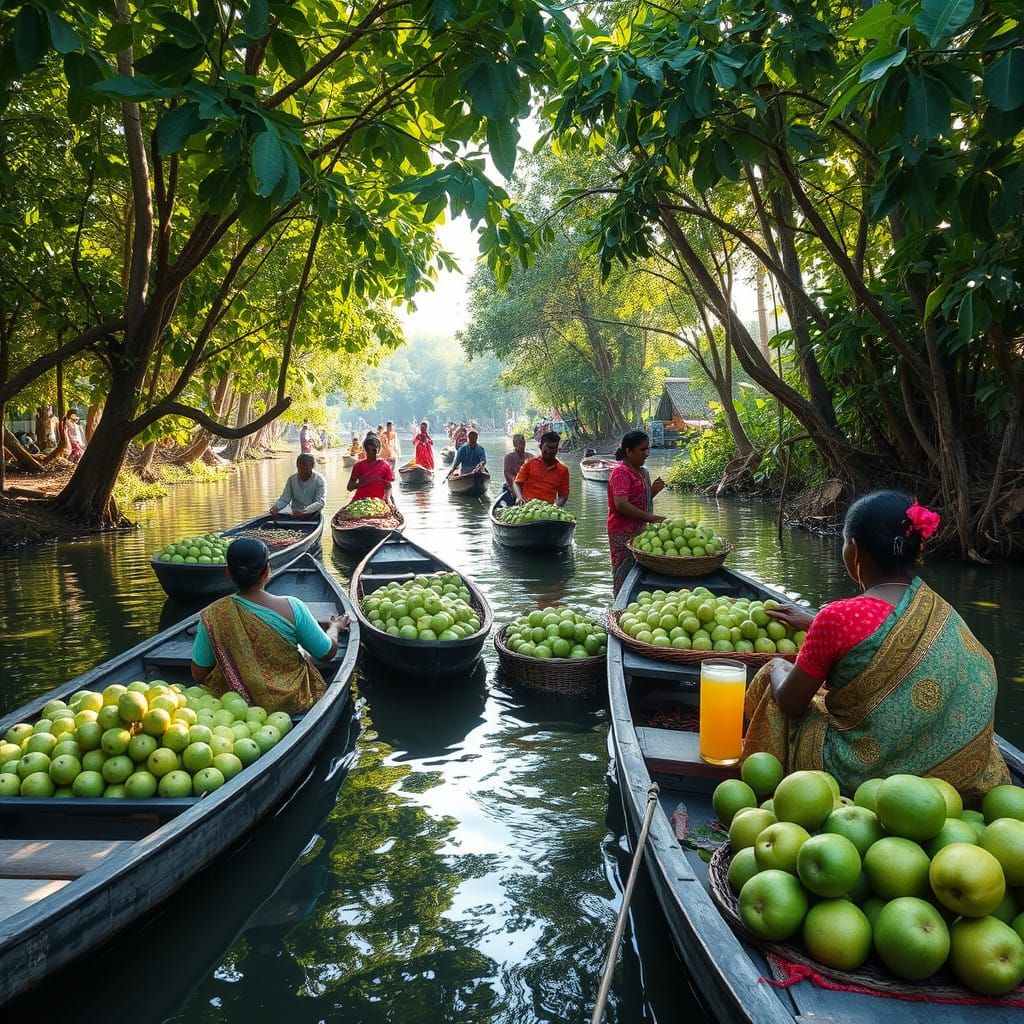 Floating Guava Market in Serene Barisal Backwaters, India