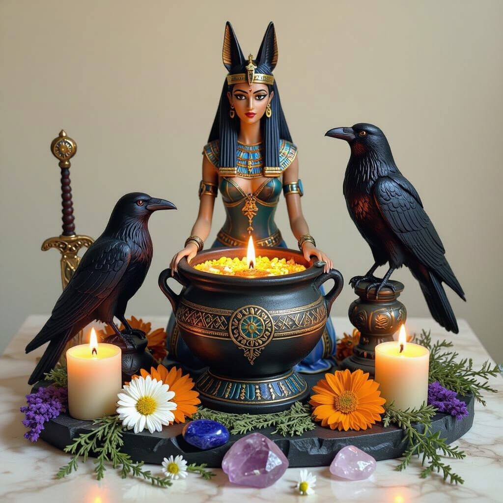 Mystical Egyptian Altar with Symbolic Offerings