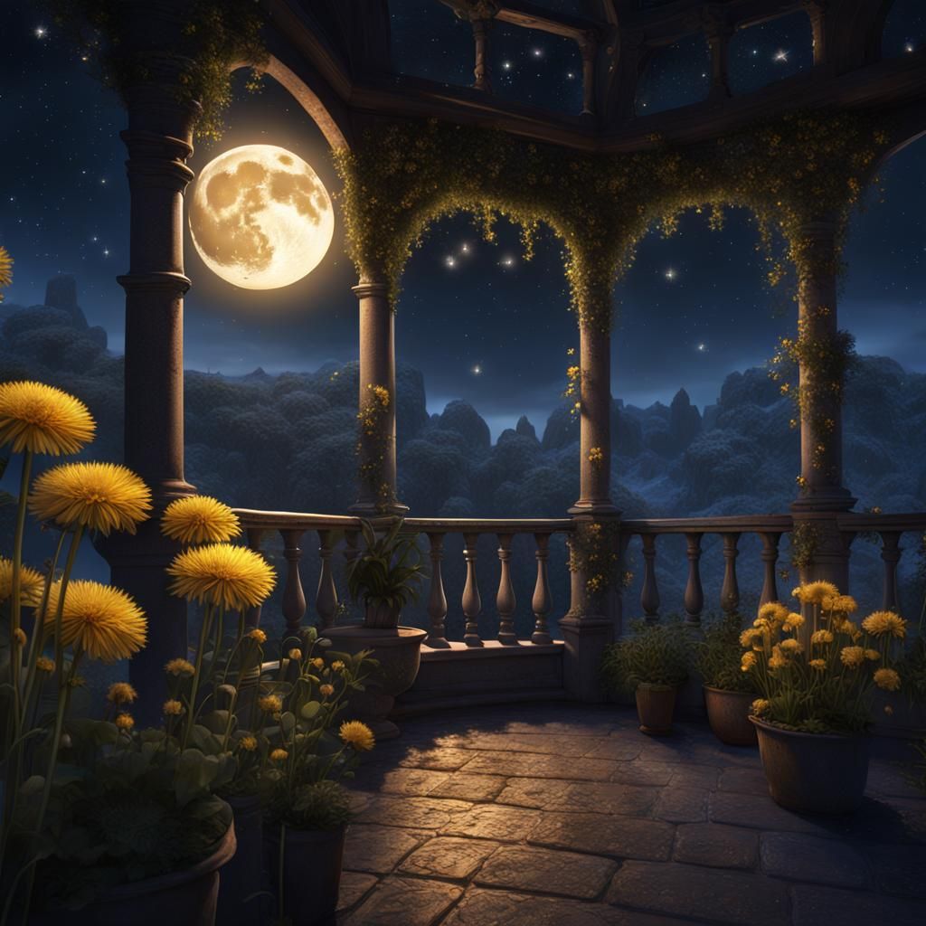 Magical Starry Balcony with Dandelions, Detailed Matte Paint...