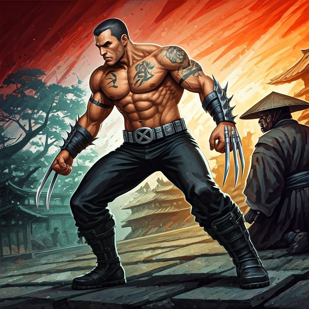 Daken Attacks Samurai in Graffiti Street Art Style