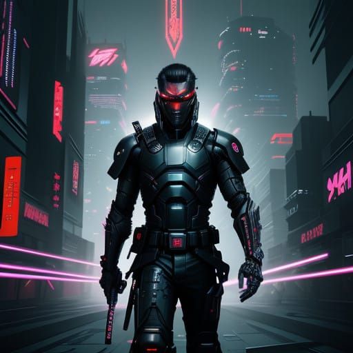 Cyber Samurai Wields Neon Katana in Futuristic Cityscape