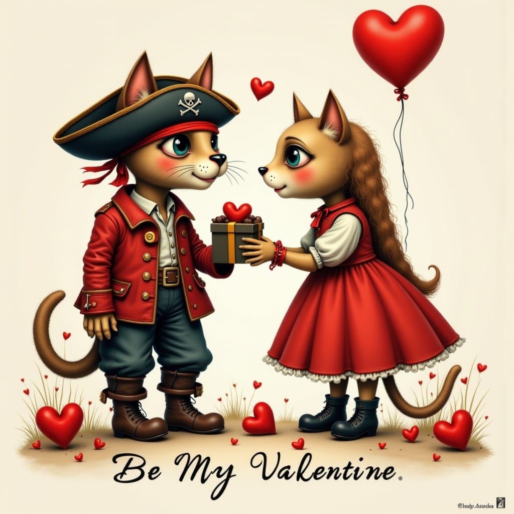 Feline Pirate Couple Celebrate Valentine's Day Treasure